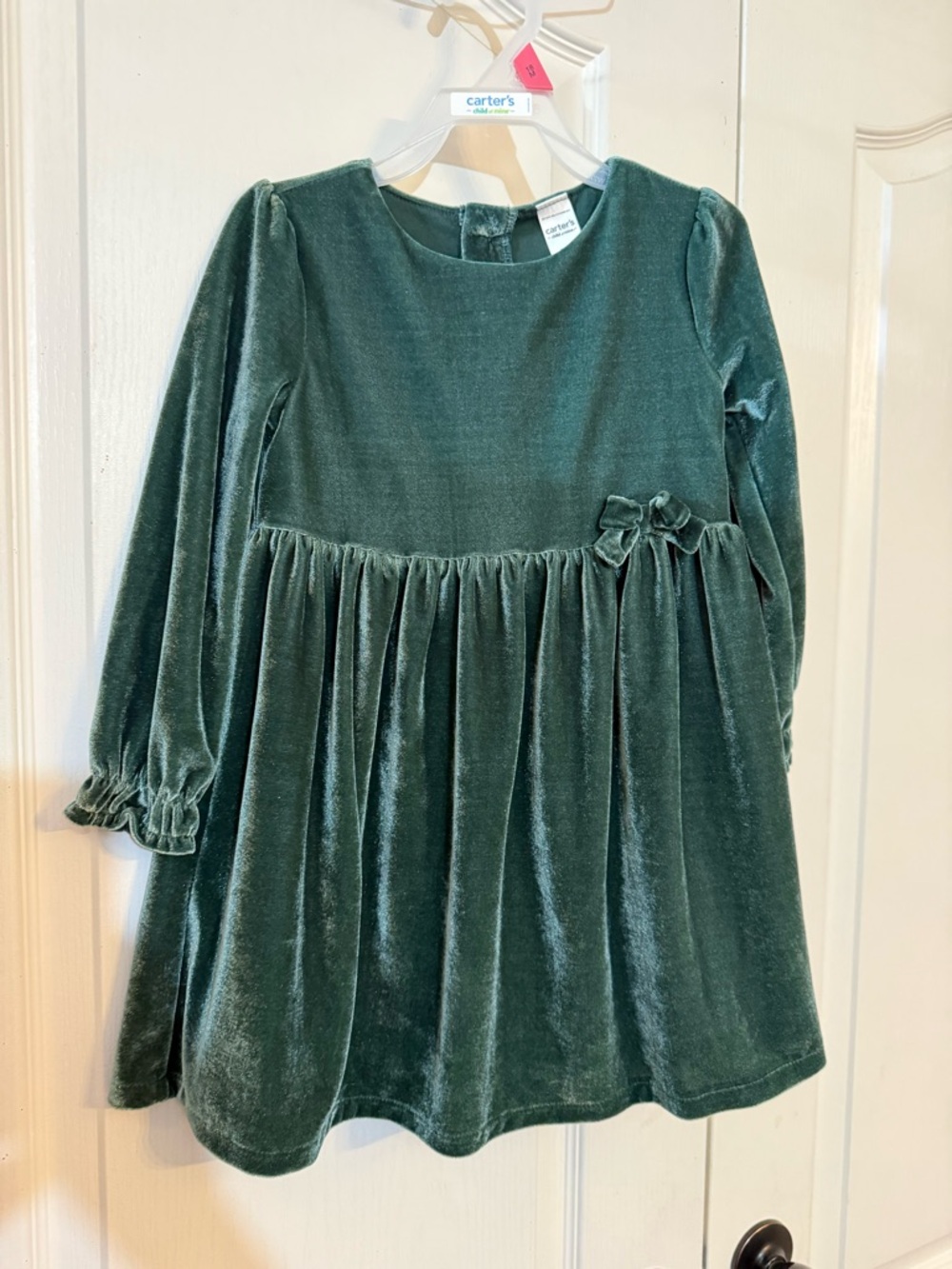 Carter's Forest Green Velvet Long Sleeve Dress with Bow